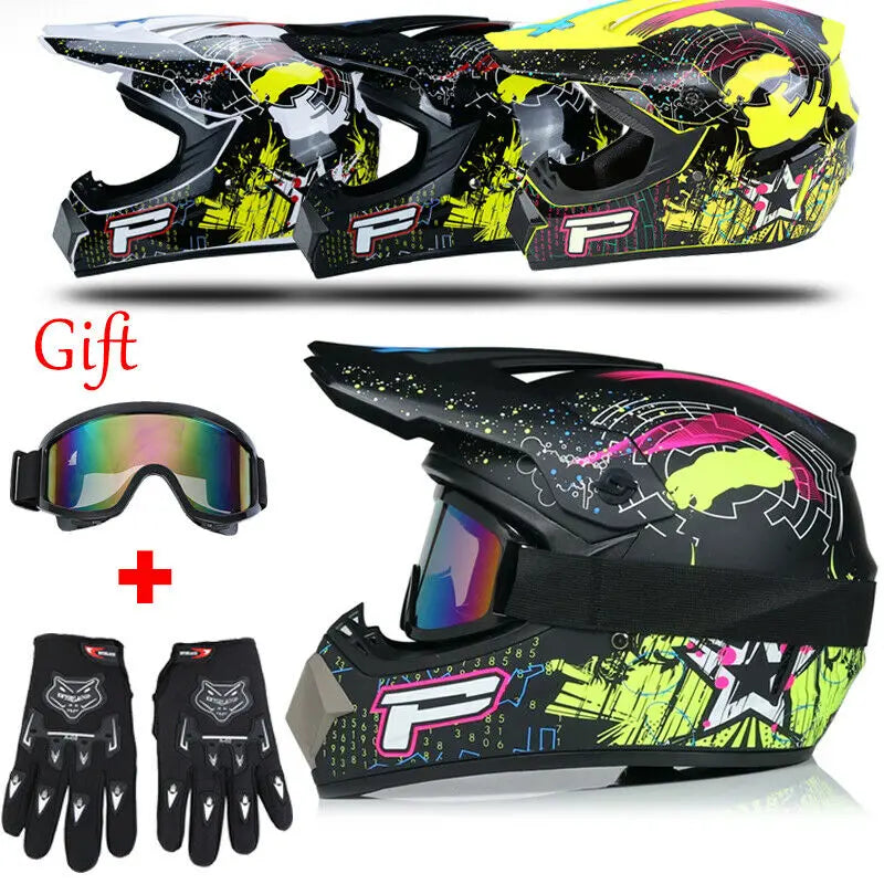 Off Road Motorcycle Helmet Full Face W/Goggle Gloves Professional Motocross Helmet For Dirt Bike ATV White Color Bright Black