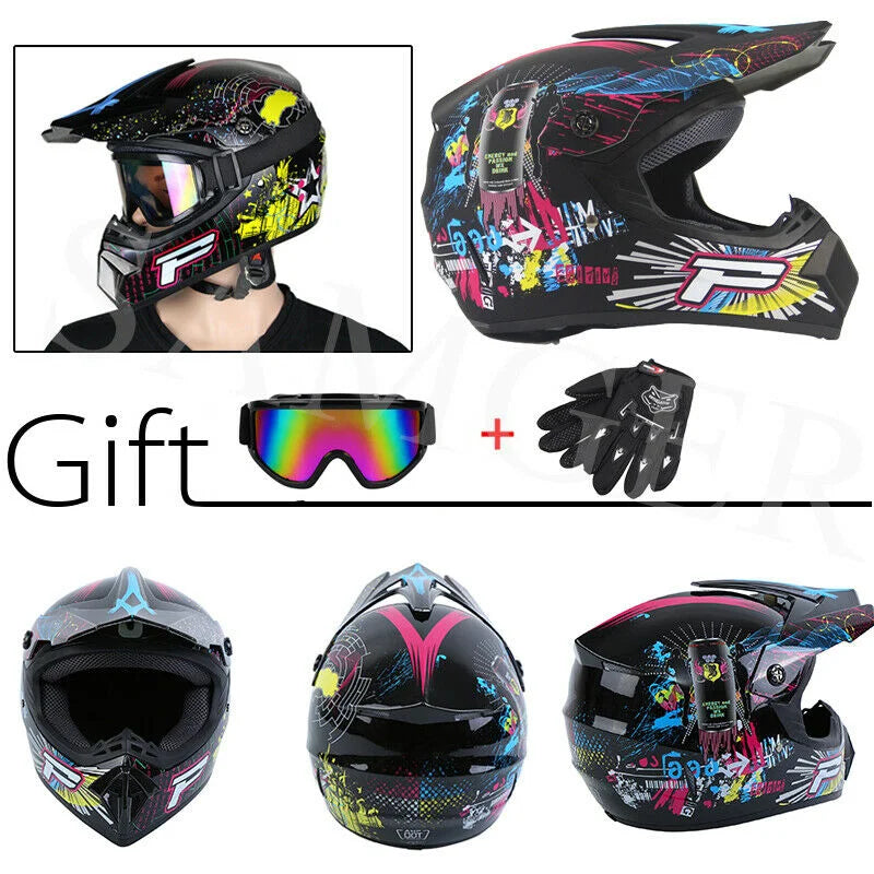 Off Road Motorcycle Helmet Full Face W/Goggle Gloves Professional Motocross Helmet For Dirt Bike ATV White Color Bright Black