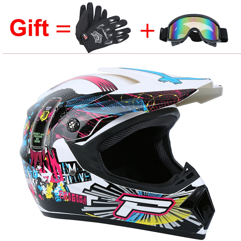 Off Road Motorcycle Helmet Full Face W/Goggle Gloves Professional Motocross Helmet For Dirt Bike ATV White Color Bright Black