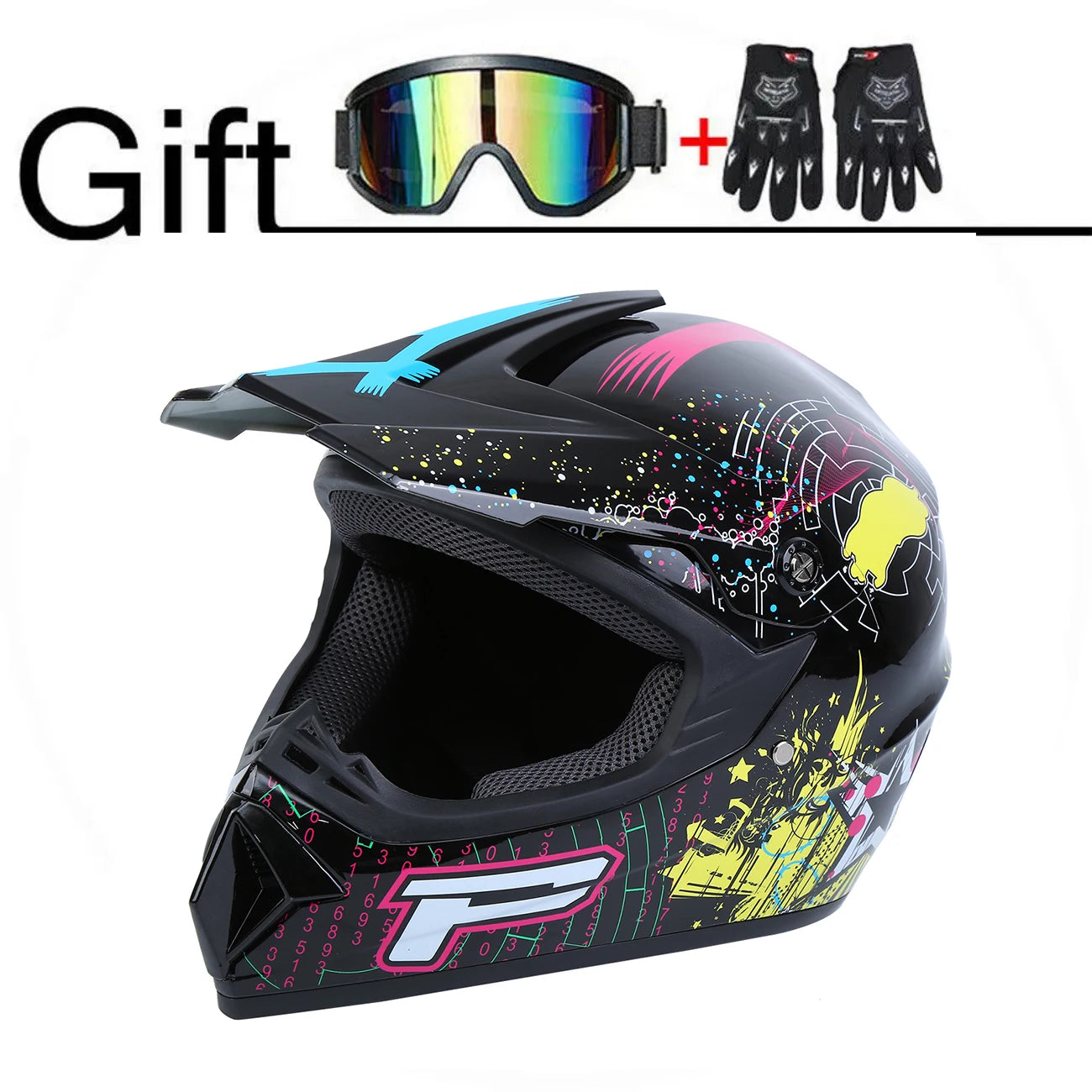 Off Road Motorcycle Helmet Full Face W/Goggle Gloves Professional Motocross Helmet For Dirt Bike ATV White Color Bright Black