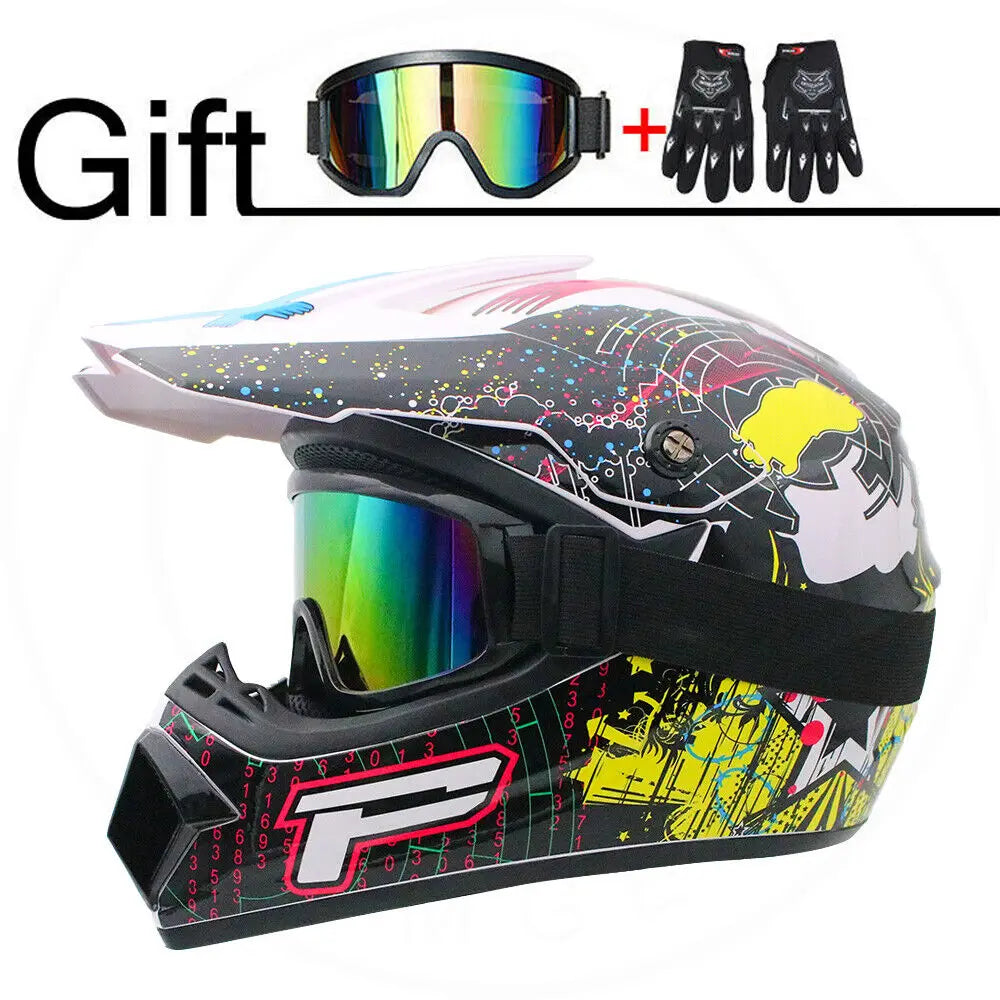 Off Road Motorcycle Helmet Full Face W/Goggle Gloves Professional Motocross Helmet For Dirt Bike ATV White Color Bright Black