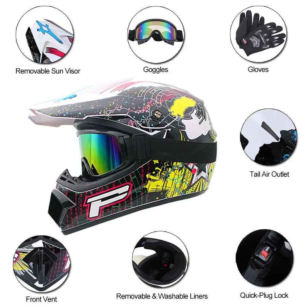 Off Road Motorcycle Helmet Full Face W/Goggle Gloves Professional Motocross Helmet For Dirt Bike ATV White Color Bright Black